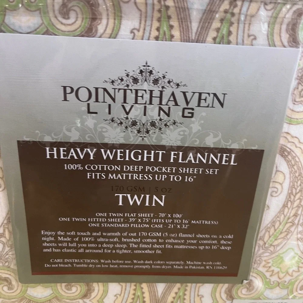 Pointehaven Living Twin Flannel Sheet Set Paisley 100% Cotton 170 GSM Green